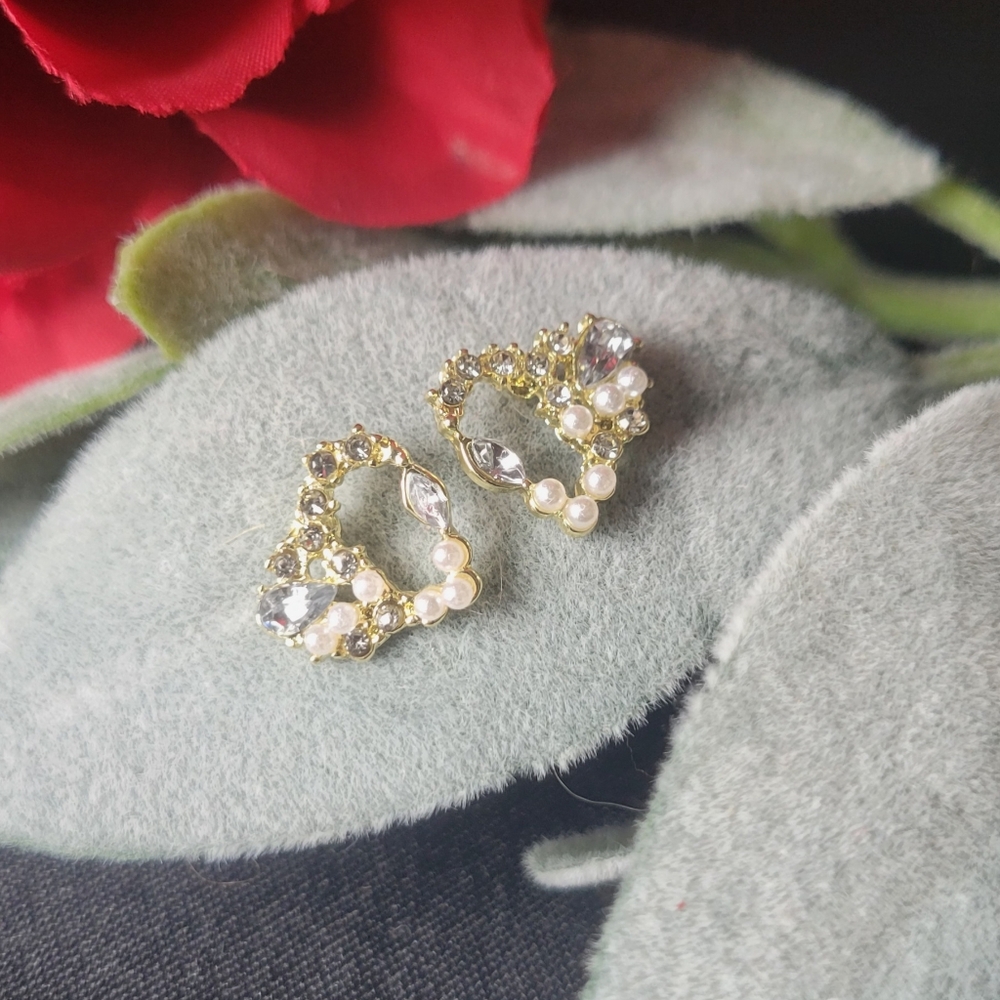 Gold Plated Heart Shaped Stud Earrings with Sparkling Stones